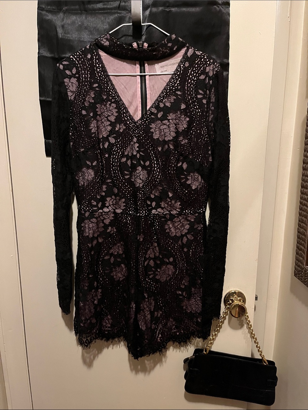 Black Lace Long-Sleeve Romper with Dusty Rose Lining